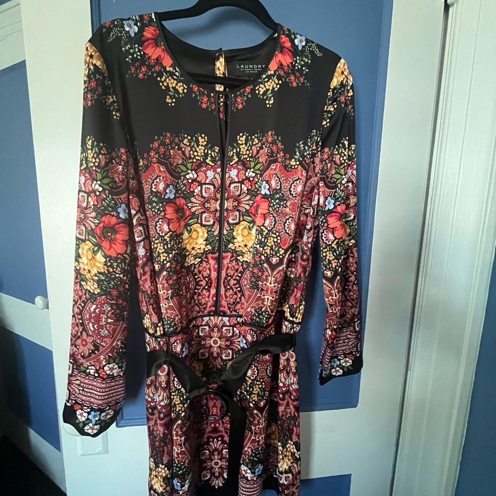 Laundry NWOT Black Floral Multi Knee-Length Dress Drop Waist Belt Faux Silk 14